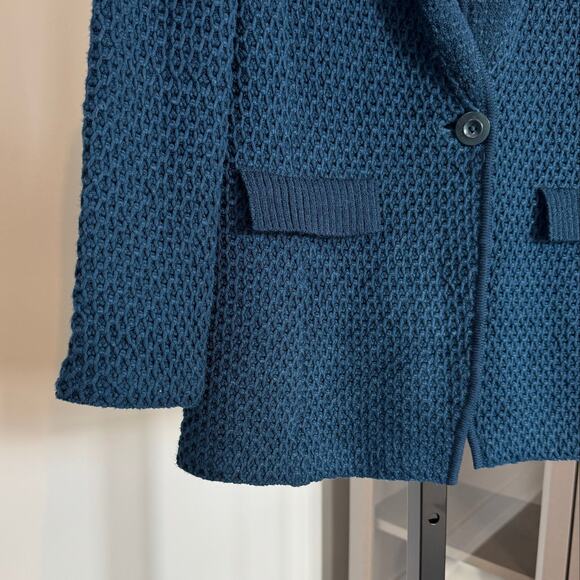 St. John Waffle Knit Jacket Blue Textured Button Front Wool Sweater Blazer 4 - Picture 4 of 6